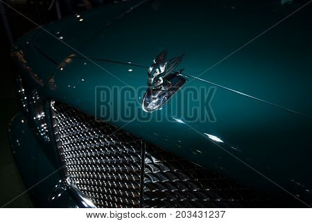 MAASTRICHT NETHERLANDS - JANUARY 08 2015: Hood ornament of a full-size luxury car Bentley Arnage. International Exhibition InterClassics & Topmobiel 2015