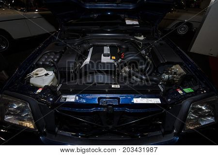 MAASTRICHT NETHERLANDS - JANUARY 08 2015: Engine of a roadster Mercedes-Benz SL320 (R129). International Exhibition InterClassics & Topmobiel 2015