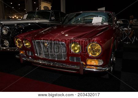 MAASTRICHT NETHERLANDS - JANUARY 08 2015: Full-size luxury car Jaguar XJ6 Serie 1. International Exhibition InterClassics & Topmobiel 2015