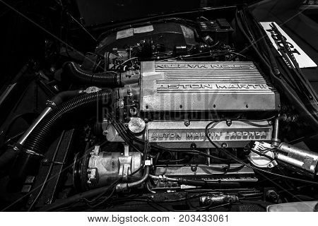 MAASTRICHT NETHERLANDS - JANUARY 08 2015: Engine of a luxury car Aston Martin Lagonda close-up. Black and white. International Exhibition InterClassics & Topmobiel 2015