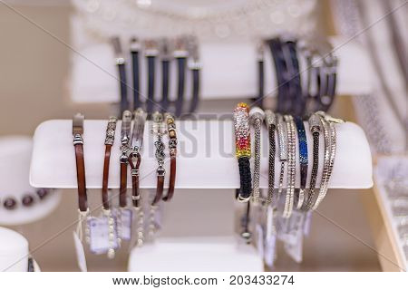 Variuos bracelets in a jewelry shop window