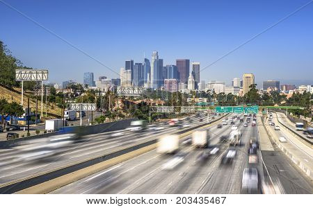 Los Angeles City Freeway Traffic At Sunny Day