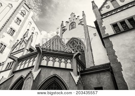 Maisel synagogue in Prague Czech Republic. Architectural theme. Religious architecture. Travel destination. Black and white photo.