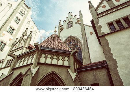 Maisel synagogue in Prague Czech Republic. Architectural theme. Religious architecture. Travel destination. Retro photo filter.