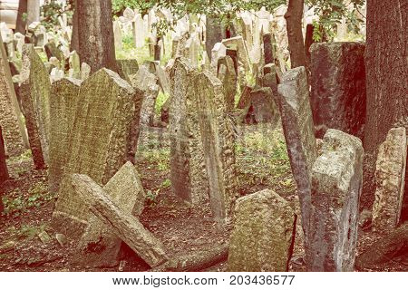 Jewish cemetery in Prague Czech republic. Memorial place. Many graves. Historical object. Yellow photo filter.