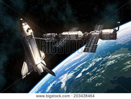 Space Shuttle And International Space Station On Background Of Planet Earth. 3D Illustration.