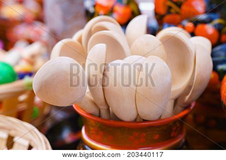 Russian wooden spoons in a glass are many clean