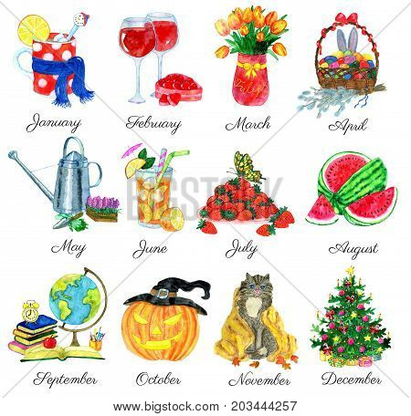 Collection with watercolor symbols of twelve months of year isolated on white. Watercolor illustration with isolated design elements. Calendar pages concept with hand drawn icons