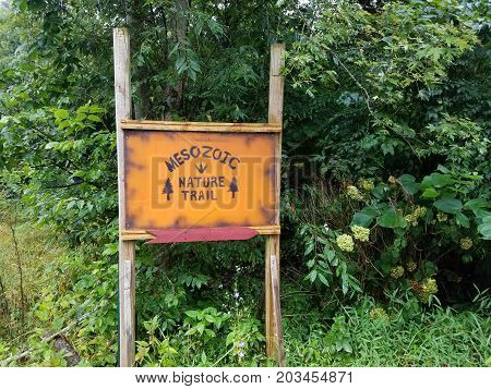 an orange wooden mesozoic nature trail sign and green plants