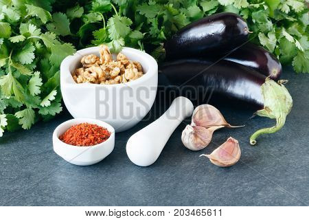 Ingredients For Vegan Snack, Eggplant With Ajika