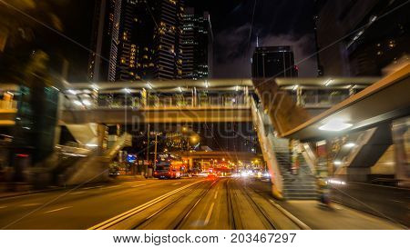 Hong Kong Central Buisness District Area Night View From Moving Tram Transportation Blur