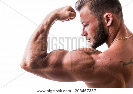 Handsome shirtless muscular man, standing, in studio shot, looking down at the bicep he's flexing, isolated on white