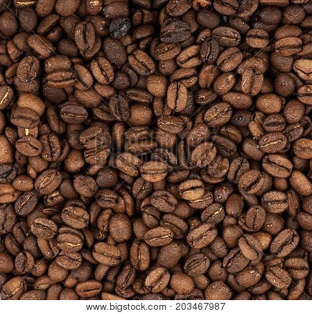 closeup background of whole coffee beans moistened with water