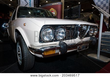 MAASTRICHT NETHERLANDS - JANUARY 09 2015: An executive saloon car Alfa Romeo Alfetta 1980. International Exhibition InterClassics & Topmobiel 2015