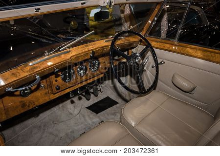 MAASTRICHT NETHERLANDS - JANUARY 09 2015: Cabin of a full-size luxury car Bentley Mark VI Park Ward Foursome Coupe 1950. International Exhibition InterClassics & Topmobiel 2015
