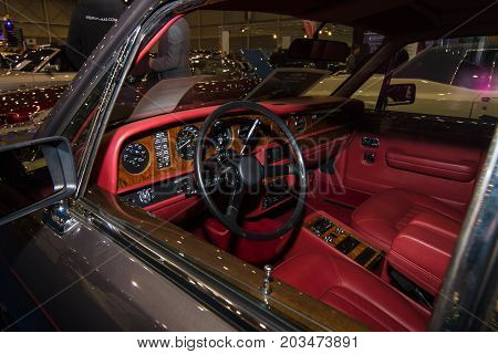 MAASTRICHT NETHERLANDS - JANUARY 09 2015: Cabin a full-size luxury car Rolls-Royce Silver Spirit 1988. International Exhibition InterClassics & Topmobiel 2015