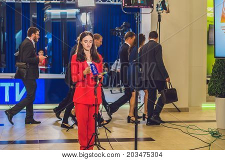 Vladivostok, Russia - September 7, 2017: Russian Journalist Preparing For Live Broadcast