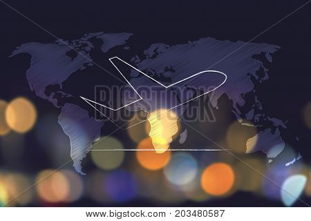 Airplane Taking Off Over World Map Overlay And Nighttime City Bokeh Background