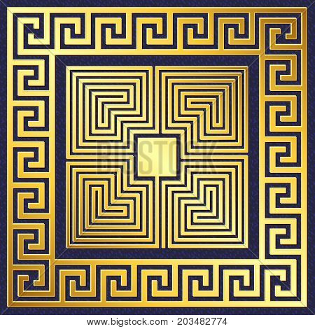 Traditional vintage Golden square Greek ornament, Meander pattern on blue background