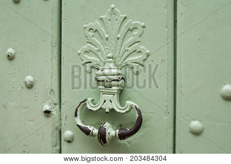Mint handle door rusty iron ring in wood doorway