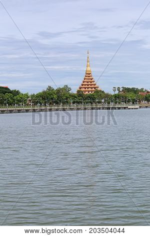 Wat Nong wang and bueng Kaennakorn lagoons view in the day timeReligious Attractions of Khon KaenThailand.
