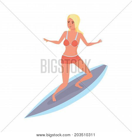 Summer vacation on sea and beach. Surfer woman with surfboard standing and riding on ocean wave. Recreational beach water sport. Surf travel. Character person. Vector illustration in cartoon style.