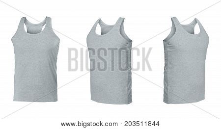 Gray sleeveless T-shirt. t-shirt front view three positions on a white background