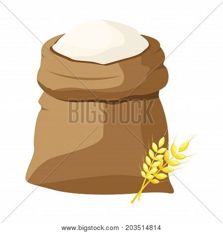 A bag of flour and a shovel, wheat, ears of wheat. Vector illustration.