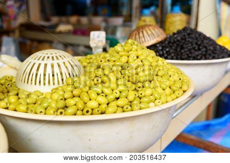 Olives on market in Tiznit. Morocco. Africa