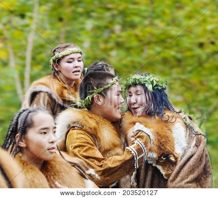 KAMCHATKA RUSSIA - SEPTEMBER 09 2017: Aborigine of Kamchatka dancing on dance marathon. Feast of the Aborigines of Kamchatka 