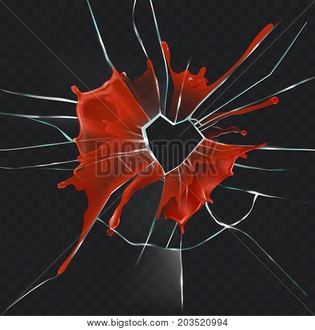 Damaged and cracked glass with hole in shape of heart in center, dripping blood splash realistic vector illustration on transparent background. Broken heart, break in relations, heart attack concept