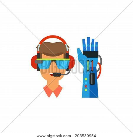 Vector icon of man wearing VR headset and glove. Virtual reality equipment, gamer, entertainment. Virtual reality concept. Can be used for topics like technology, innovation, leisure