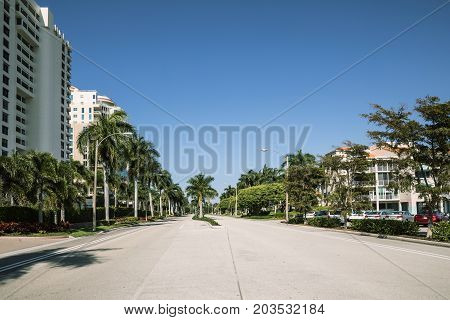Park Shore Naples. Florida. Luxury coastline with hotels and palm trees in Naples. USA