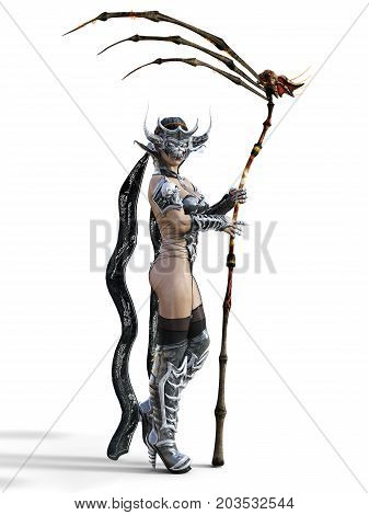 Evil sorceress mask horns. Gothic warrior woman. Magical protective armor. Muscular athletic body. Realistic 3D rendering isolate illustration. Hi key.