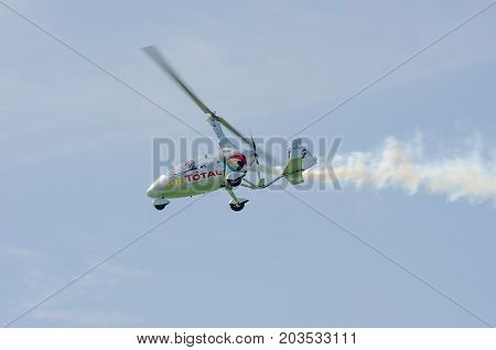 Clacton Essex United Kingdom -25 August 2017: Gyro copter flying over Clacton in annual free air display