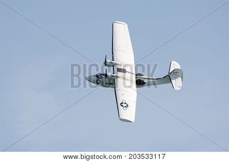 Clacton Essex United Kingdom -25 August 2017: Catalina seaplane in World War II U.S. Navy colors