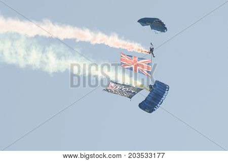 Clacton Essex United Kingdom -25 August 2017: British Army Parachutists above Clacton free airshow