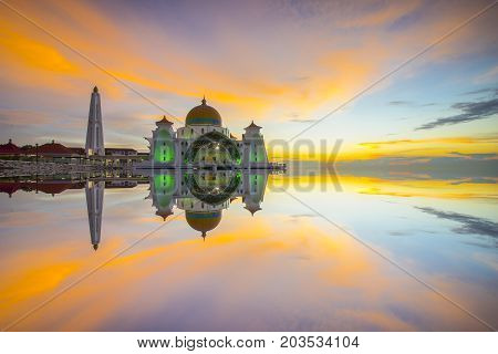 Sunset view from Malacca Straits Mosque .