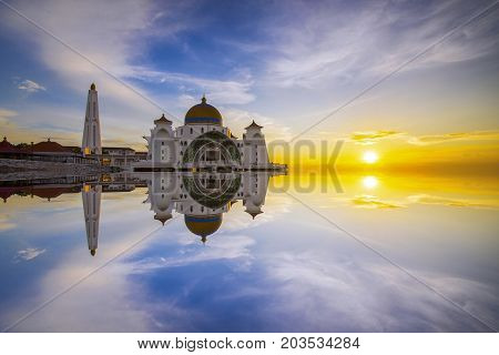 Sunset view from Malacca Straits Mosque .