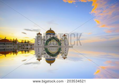 Majestic View Of Malacca Straits Mosque During Sunset