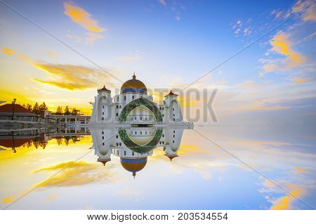 Majestic View Of Malacca Straits Mosque During Sunset.