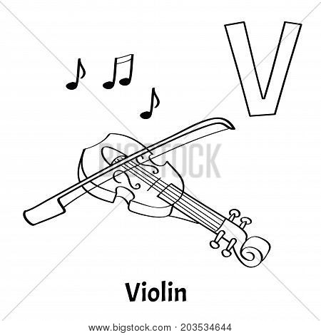 Vector alphabet letter V for children education with cartoon violin. Isolated. Learn to read. Coloring page.