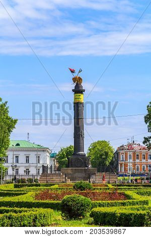 POLTAVA, UKRAINE - May 15, 2017: The corpus garden is the central park of Poltava, laid in the first half of the 19th century around the Monument of Glory