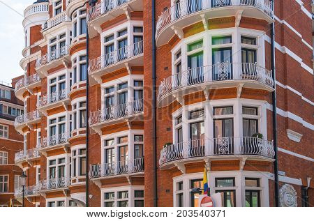 LONDON, UK - 25 August, 2017: Facade of the residential buildings in Kensington, the one of the most expensive places to live in UK