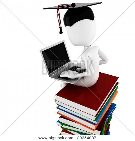 3D uomo seduto su una pila di libri lavorando al suo lapop