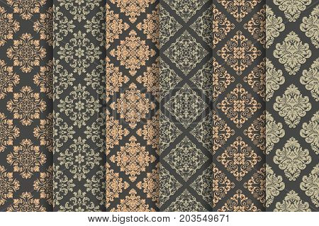 Set of 6 vector seamless patterns. Luxury elegant textures of baroque style. Regularly repeating abstract seamless wallpapers. Can be used as background fabric textile print wrapping paper and more.