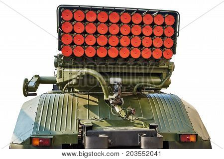 Reactive system of salvo fire. View from the rear. Isolated on a white background