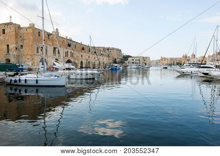 Boats And Yachts Anchoring In Valletta, Malta