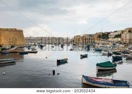 Boats And Yachts Anchoring In Valletta, Malta