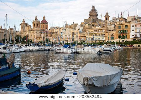 Boats And Yachts Anchoring In Valletta, Malta